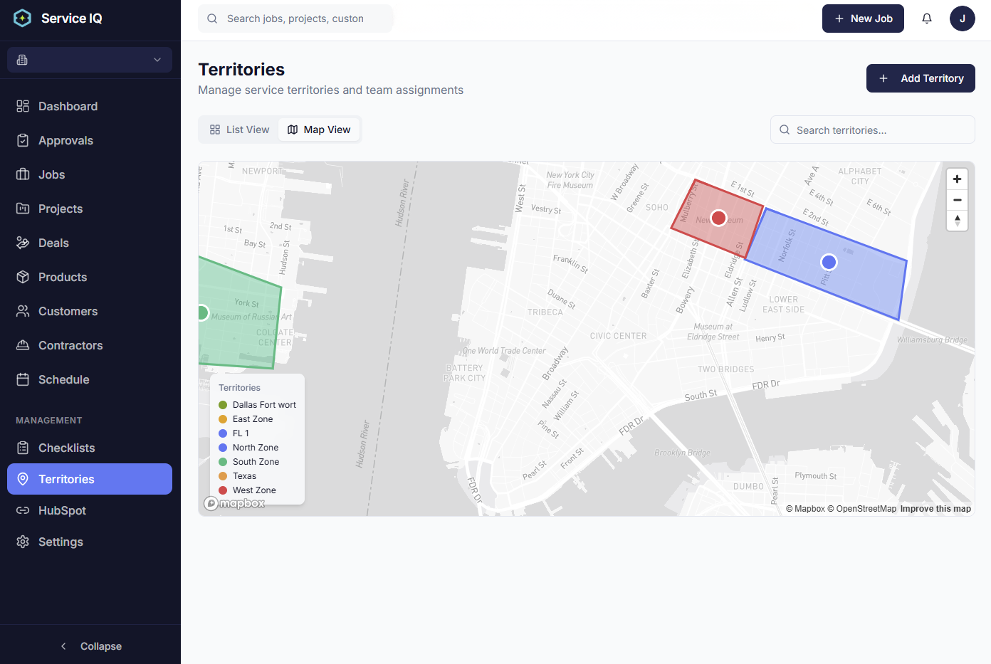 ServiceIQ territories map view showing service zone boundaries and contractor coverage