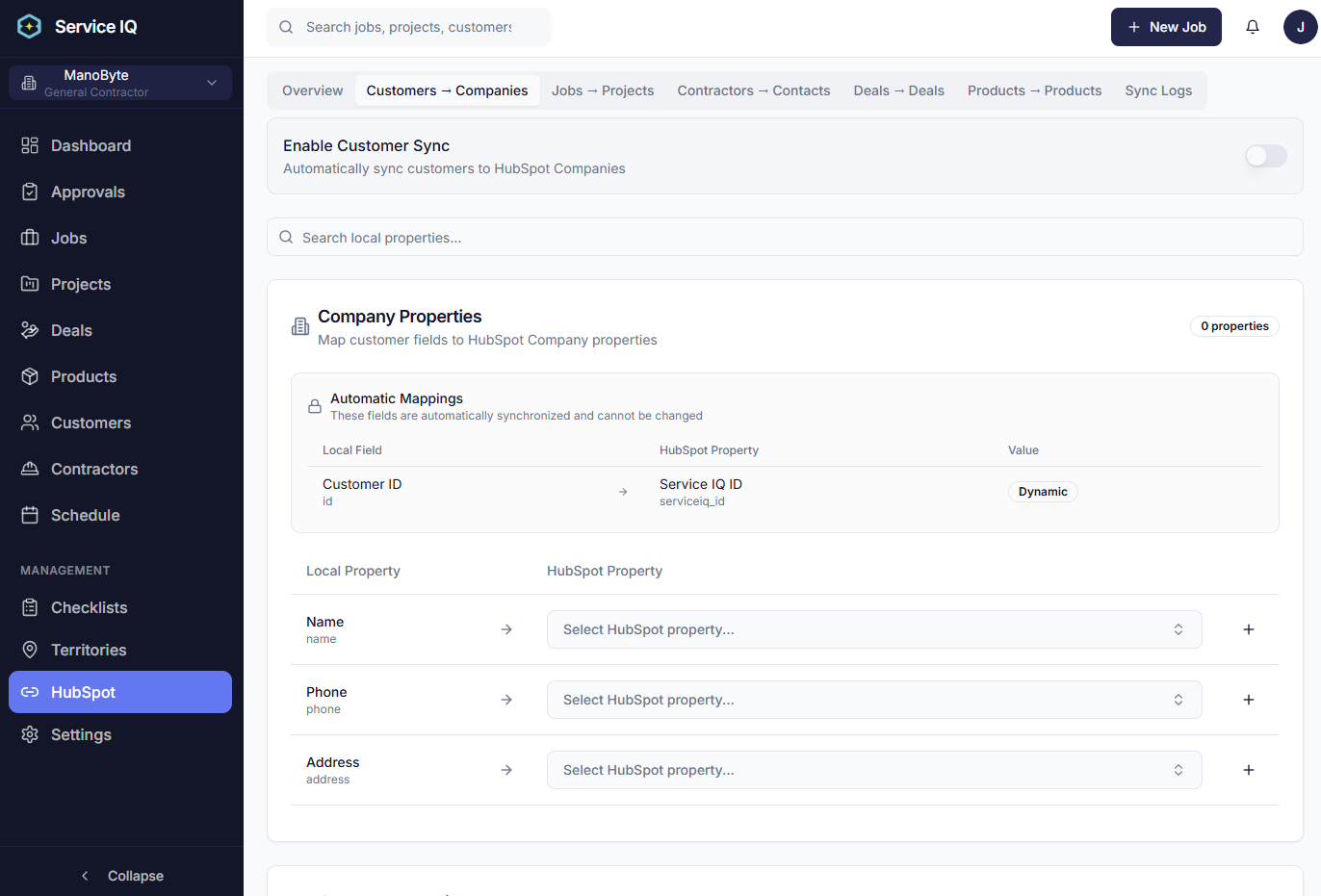 ServiceIQ HubSpot company property mapping