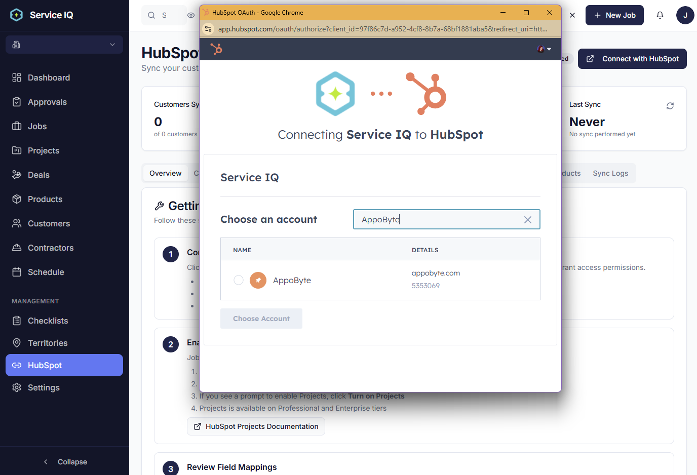 ServiceIQ HubSpot OAuth connection flow