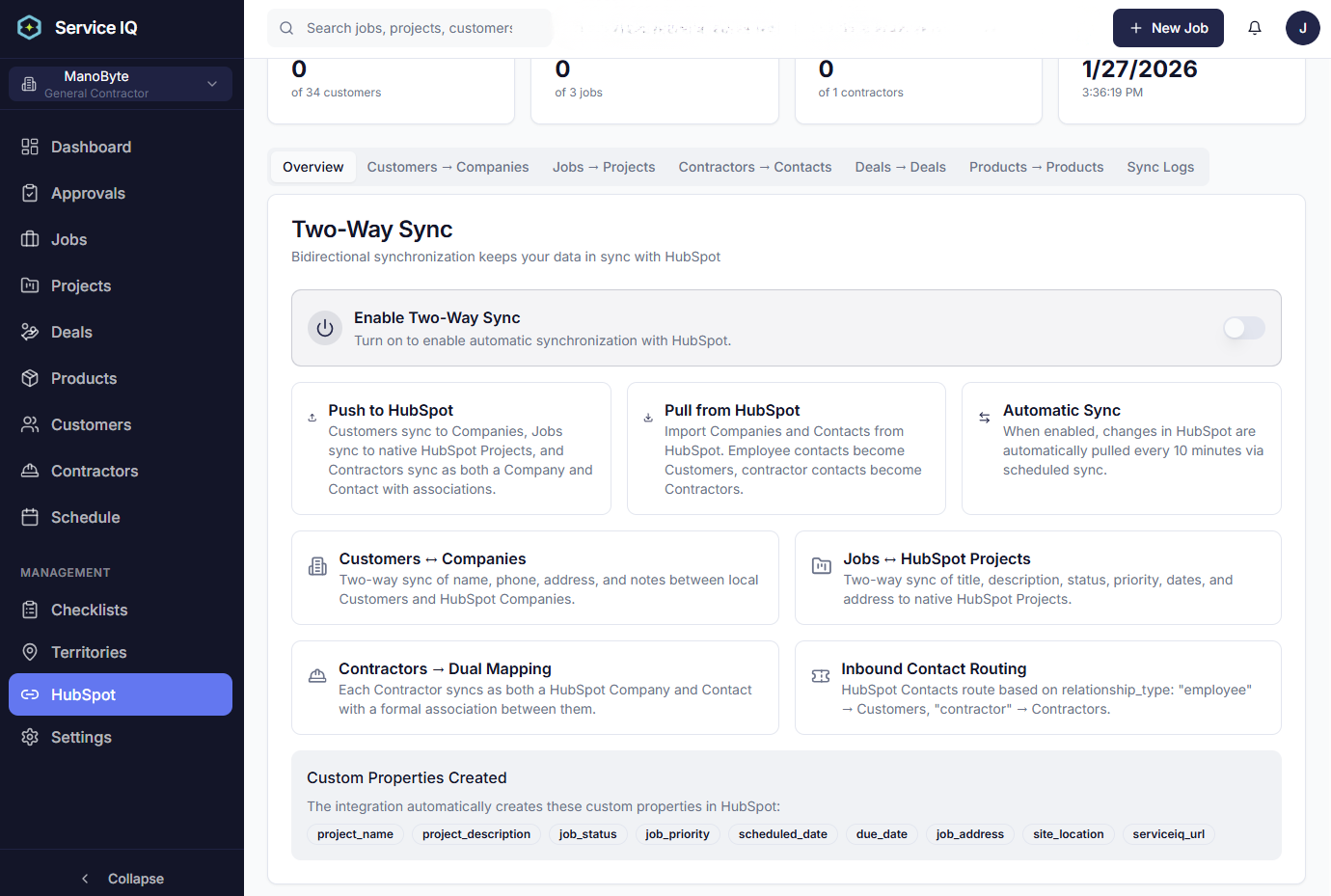 ServiceIQ HubSpot custom property auto-provisioning