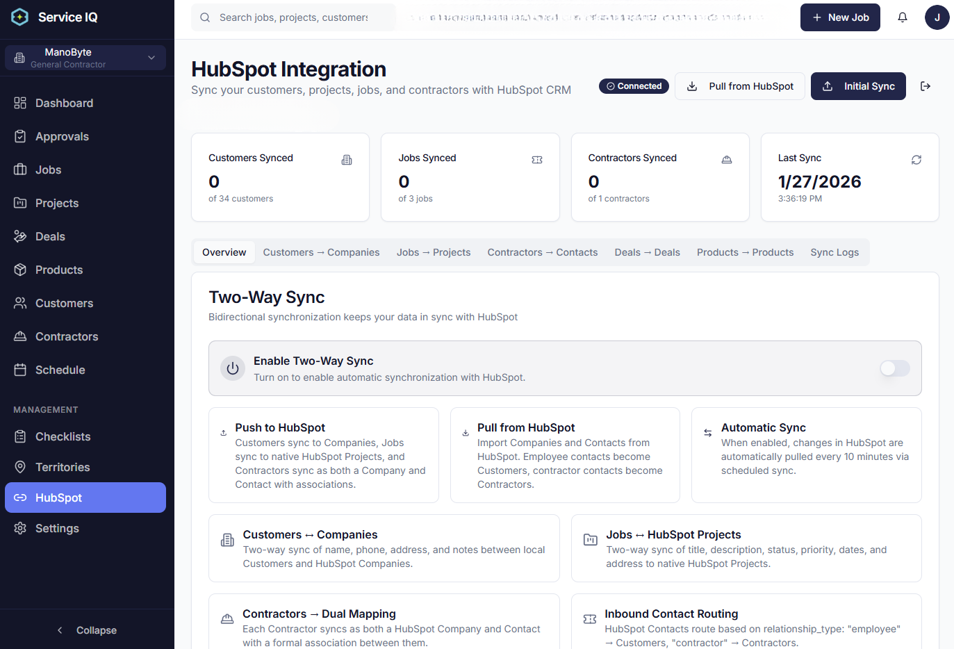 ServiceIQ HubSpot two-way sync overview
