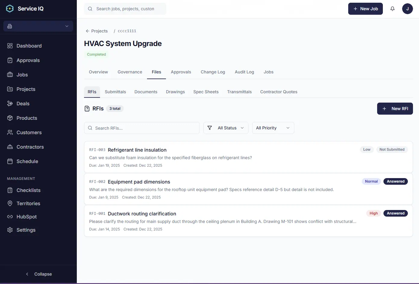 ServiceIQ project overview with job and governance tabs