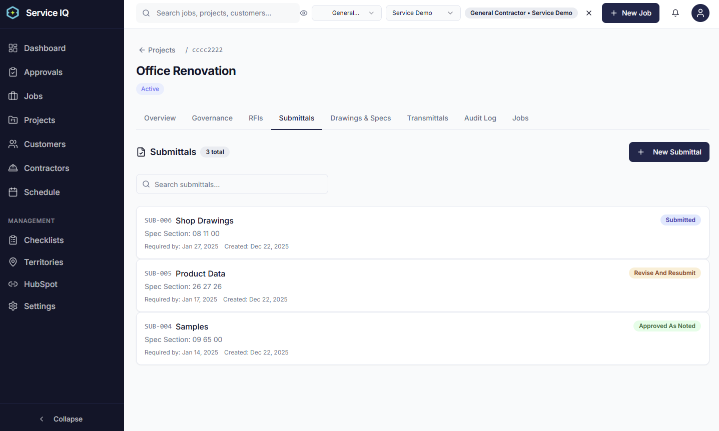 Submittals Management Dashboard