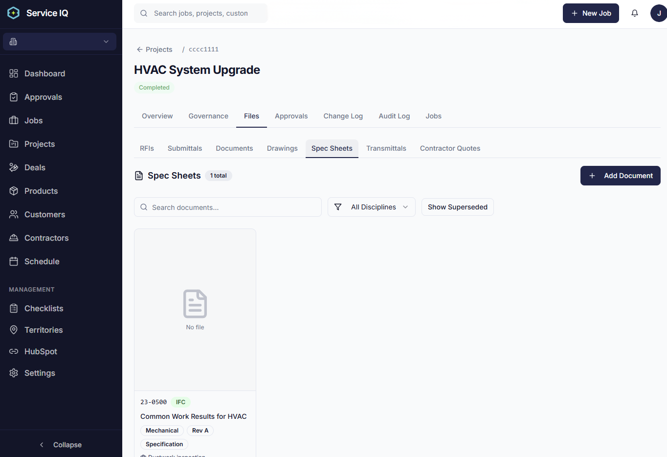 ServiceIQ project documents with version-controlled revisions