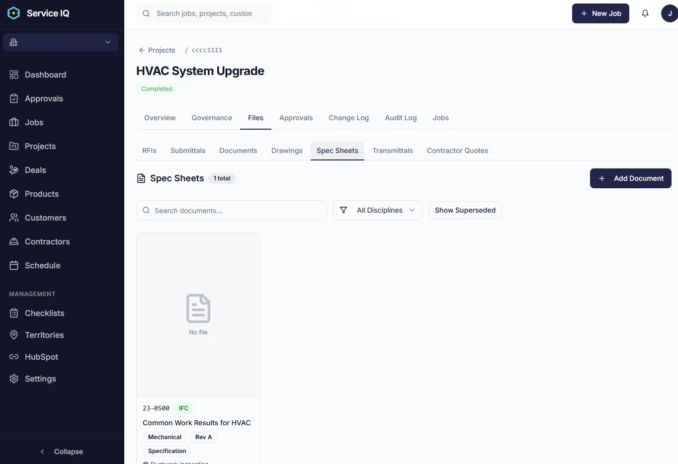 ServiceIQ project documents with version-controlled revisions