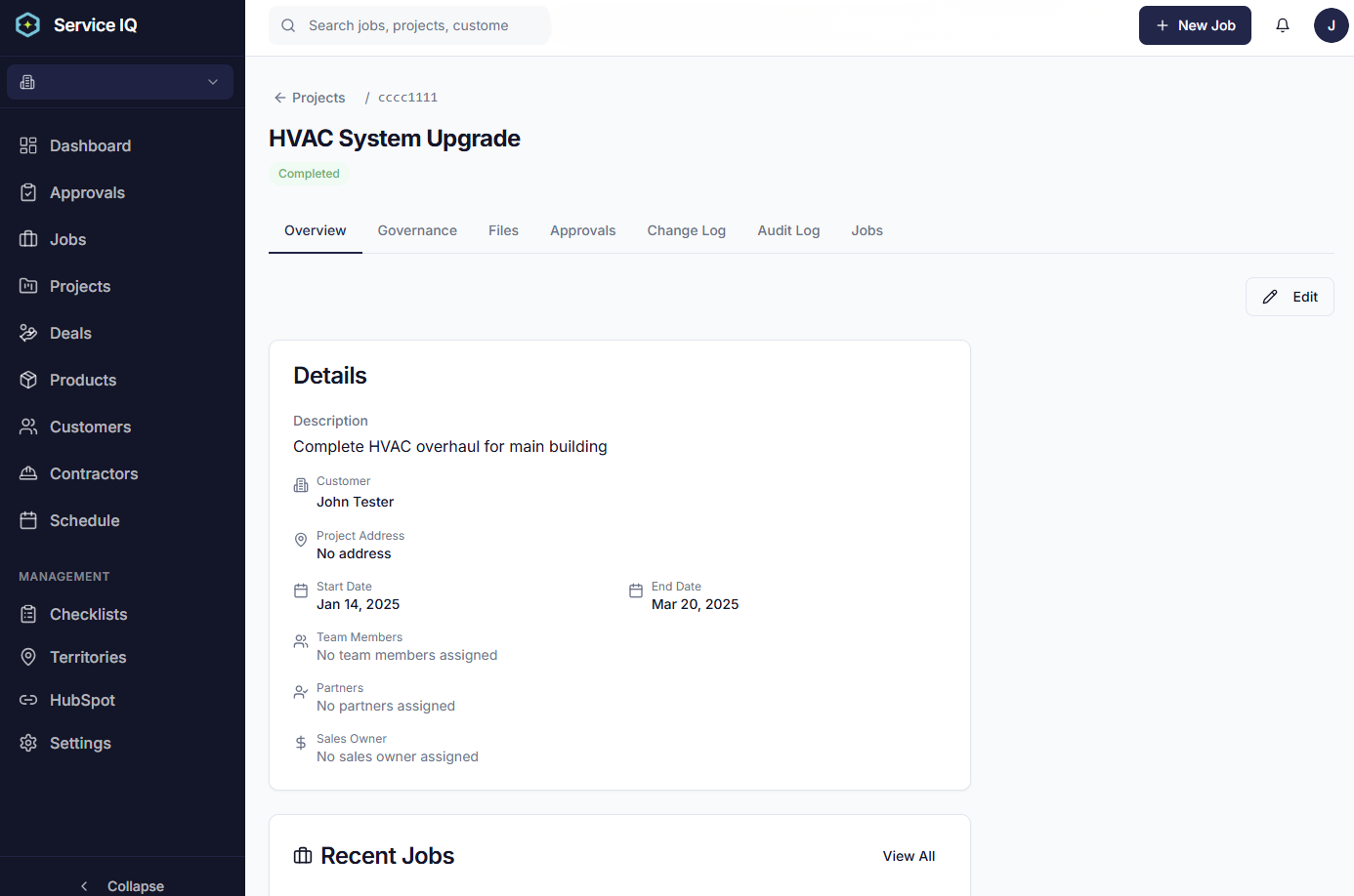 ServiceIQ project audit trail and change log