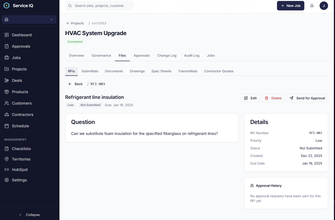 ServiceIQ RFI detail view