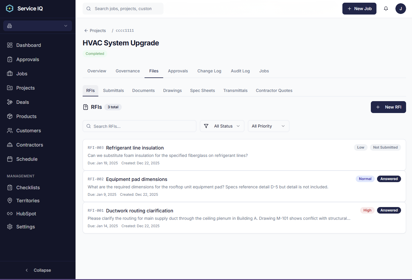 ServiceIQ RFI list with priority and status