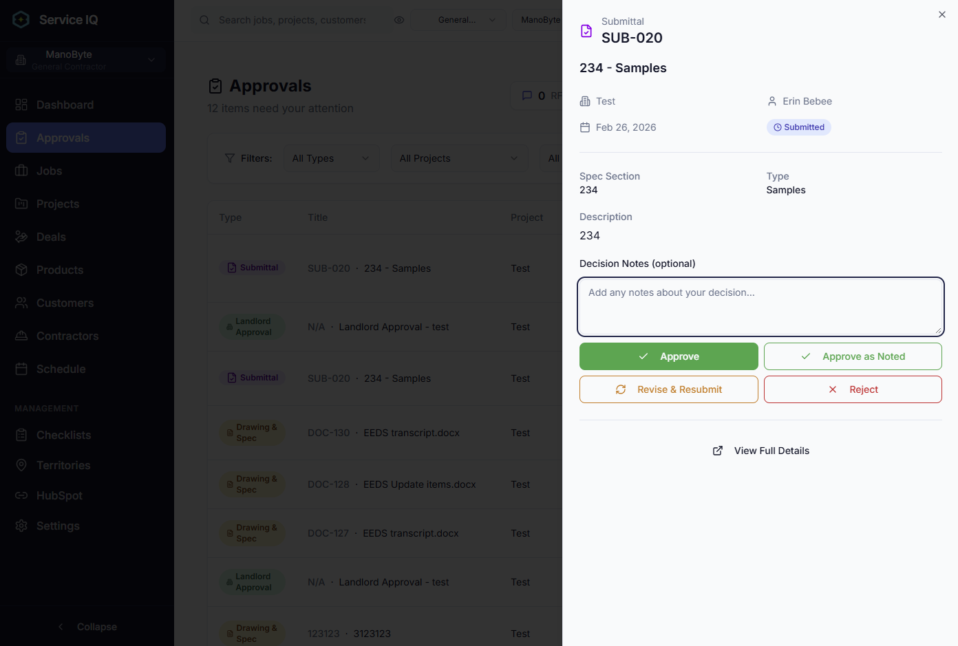 ServiceIQ submittal approval side panel with approve, revise and reject actions