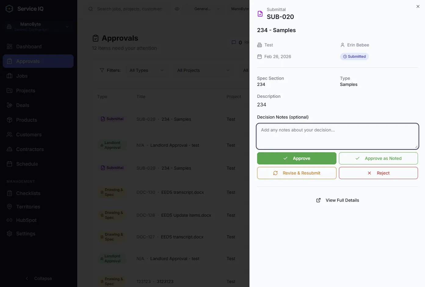 ServiceIQ submittal approval side panel with approve, revise and reject actions
