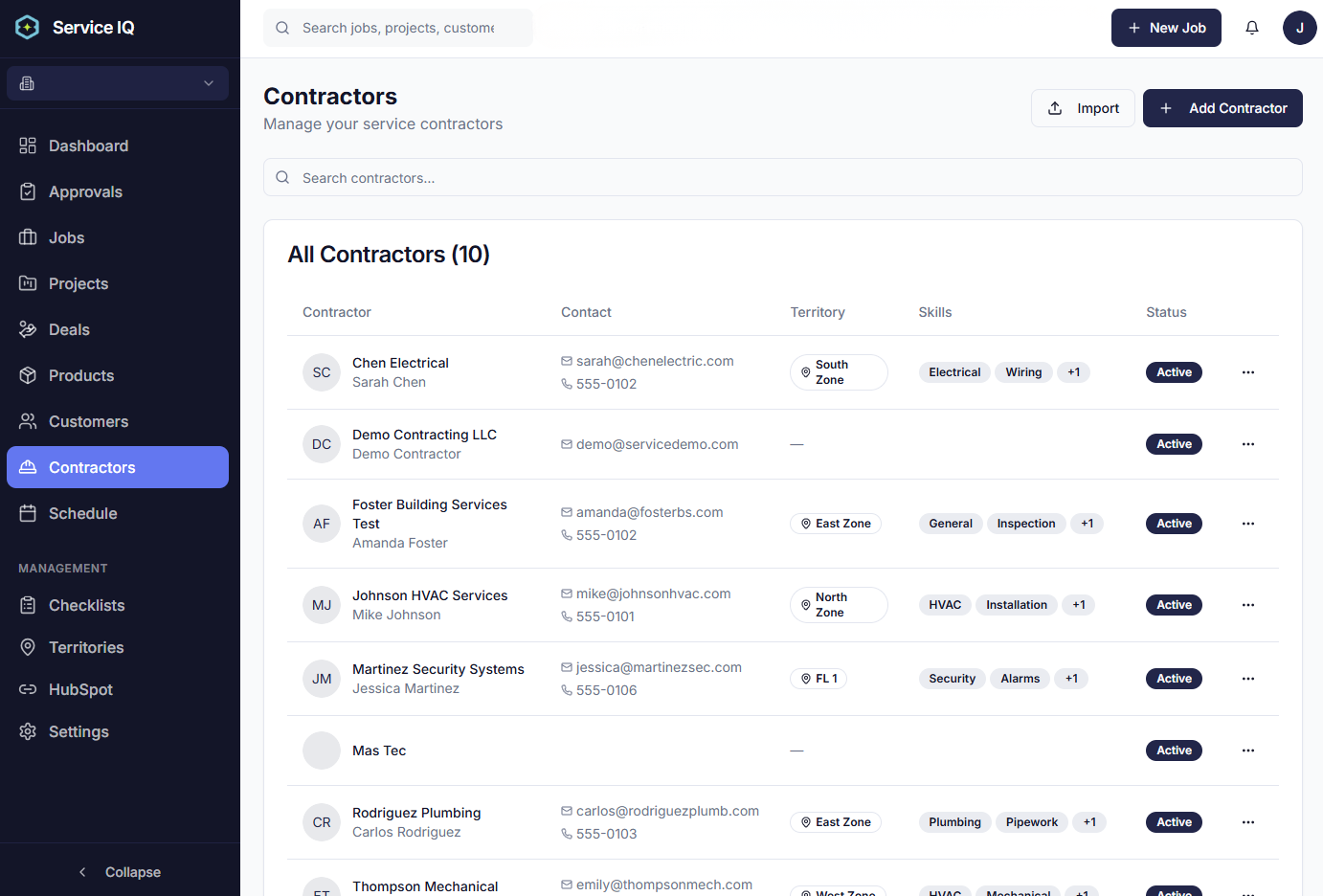 ServiceIQ contractor directory listing service companies with skills and territories