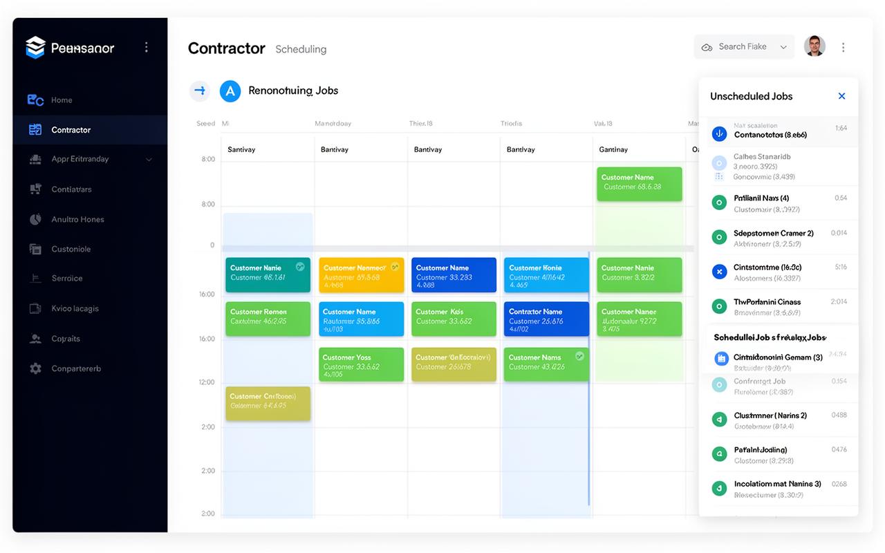 ServiceIQ contractor scheduling calendar with color-coded job blocks across a weekly view and an unscheduled jobs sidebar for drag-and-drop assignment