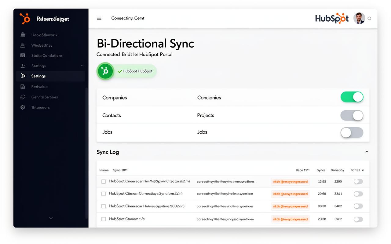 ServiceIQ HubSpot integration dashboard showing bi-directional sync configuration