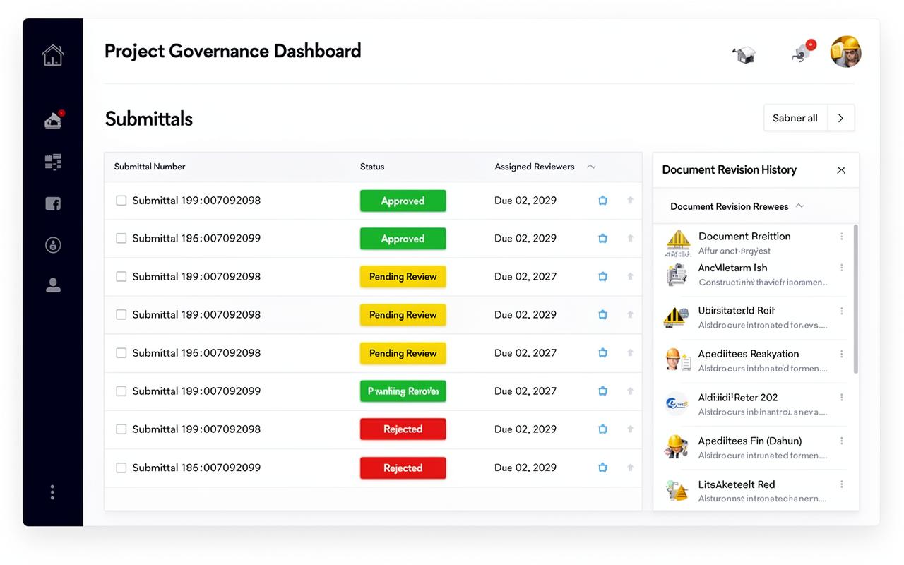 ServiceIQ project governance dashboard showing submittals list with Approved, Pending Review, and Rejected status badges alongside a document revision history panel