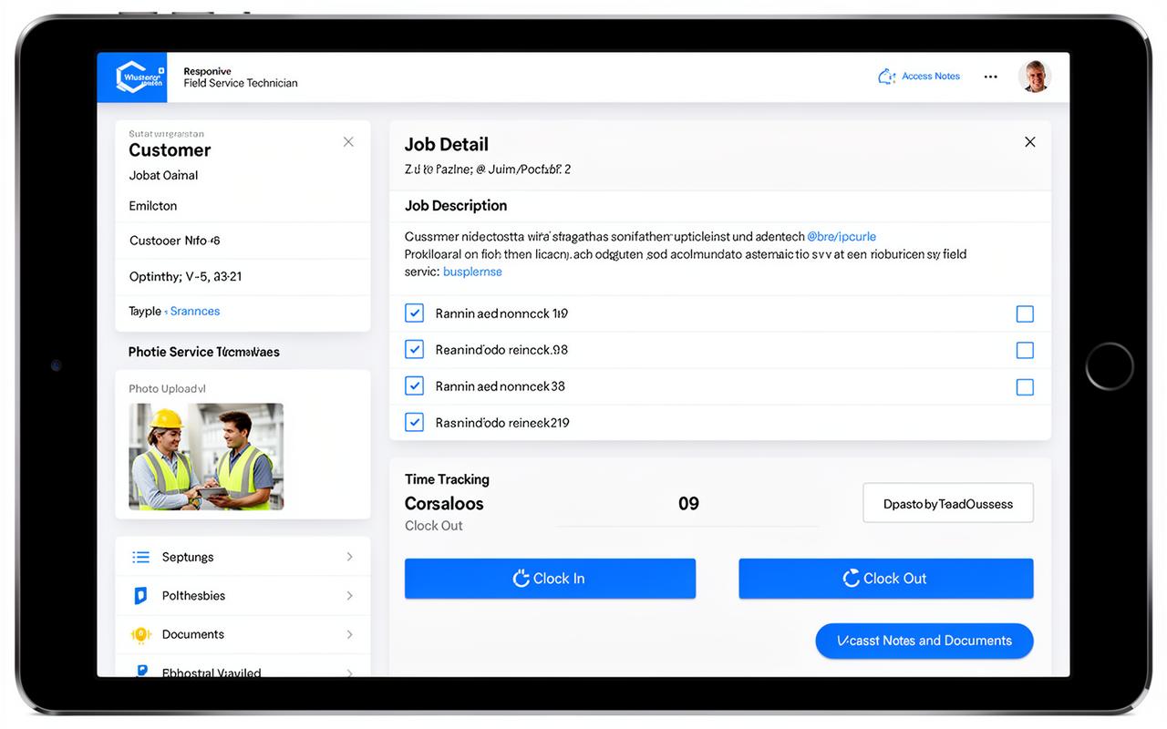 ServiceIQ field technician mobile view showing job details, digital checklist, time tracking with clock-in and clock-out buttons, and document access